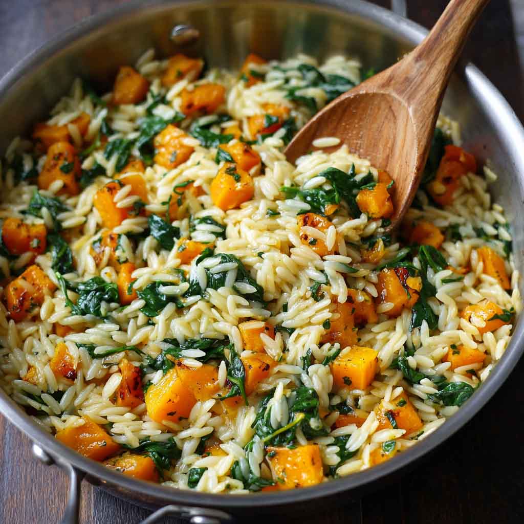A warm bowl of creamy orzo pasta mixed with roasted butternut squash cubes and fresh spinach, garnished with Parmesan cheese and herbs.