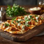 Soft flatbread topped with creamy butter chicken in a rich spiced sauce.