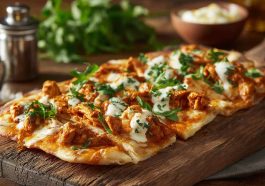 Soft flatbread topped with creamy butter chicken in a rich spiced sauce.