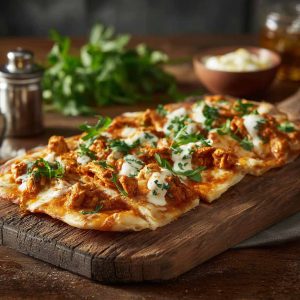 Soft flatbread topped with creamy butter chicken in a rich spiced sauce.