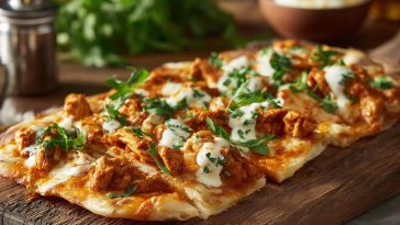 Soft flatbread topped with creamy butter chicken in a rich spiced sauce.