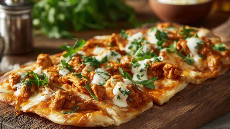 Soft flatbread topped with creamy butter chicken in a rich spiced sauce.