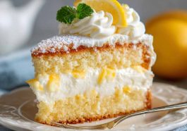 Soft Italian lemon cream cake layered with fluffy lemon sponge and filled with smooth lemon pastry cream, dusted with powdered sugar.