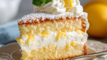 Soft Italian lemon cream cake layered with fluffy lemon sponge and filled with smooth lemon pastry cream, dusted with powdered sugar.