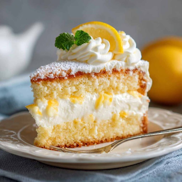 Soft Italian lemon cream cake layered with fluffy lemon sponge and filled with smooth lemon pastry cream, dusted with powdered sugar.