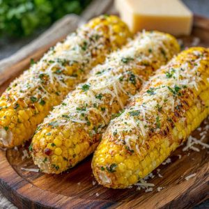 Grilled corn on the cob coated in garlic butter and sprinkled with grated parmesan cheese and herbs.