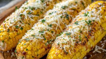 Grilled corn on the cob coated in garlic butter and sprinkled with grated parmesan cheese and herbs.