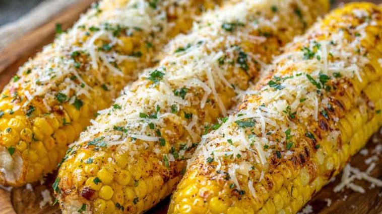 Grilled corn on the cob coated in garlic butter and sprinkled with grated parmesan cheese and herbs.