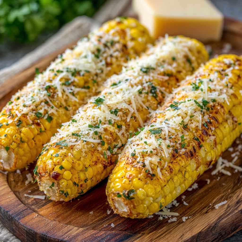 Grilled corn on the cob coated in garlic butter and sprinkled with grated parmesan cheese and herbs.