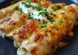 Creamy white chicken enchiladas made with rotisserie chicken, rolled in tortillas and topped with a rich white sauce and melted cheese.