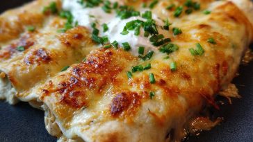 Creamy white chicken enchiladas made with rotisserie chicken, rolled in tortillas and topped with a rich white sauce and melted cheese.
