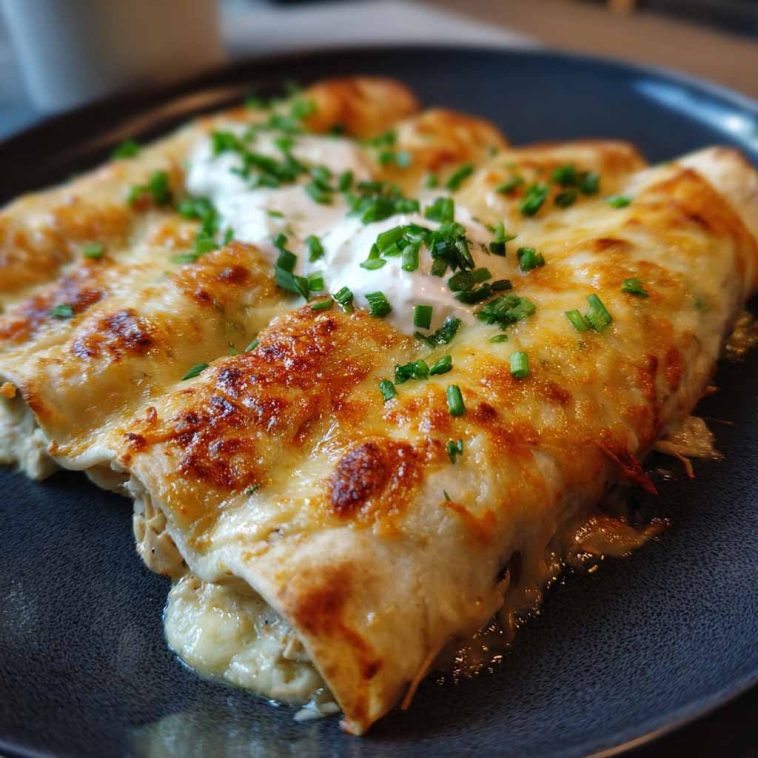 Creamy white chicken enchiladas made with rotisserie chicken, rolled in tortillas and topped with a rich white sauce and melted cheese.