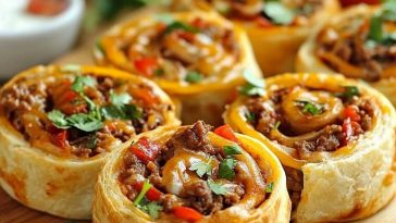 Taco pinwheels made with tortillas filled with seasoned meat, cheese, and vegetables, sliced into bite-sized rolls.