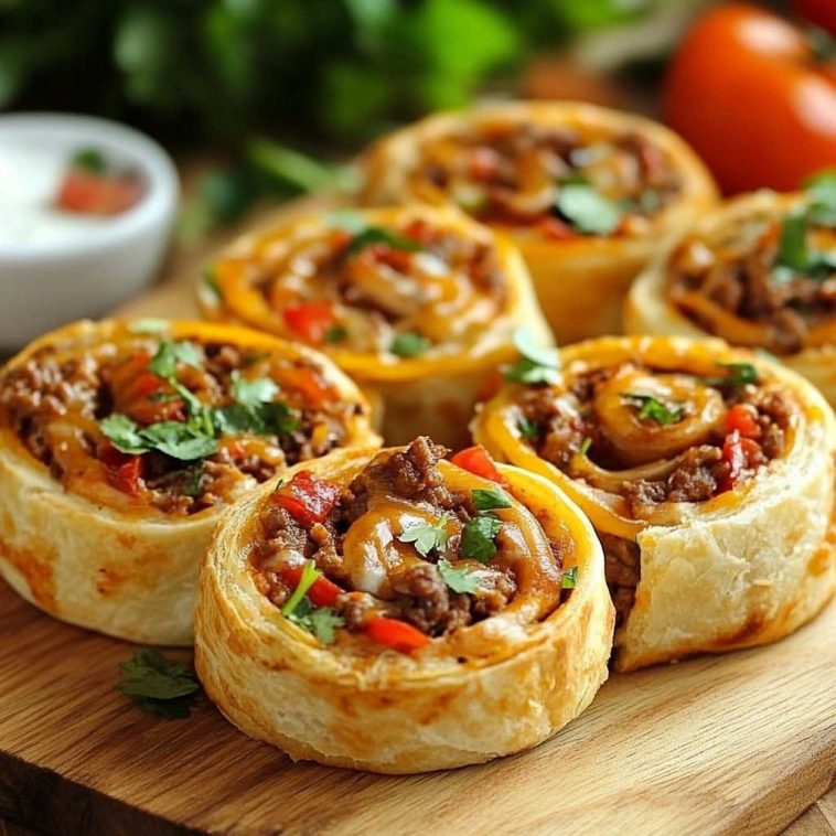 Taco pinwheels made with tortillas filled with seasoned meat, cheese, and vegetables, sliced into bite-sized rolls.