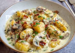Millionaire gnocchi in creamy Parmesan sauce served in a skillet