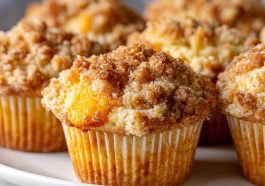 Soft peach cobbler muffins topped with a buttery crumb topping and filled with juicy peach pieces.