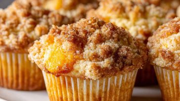 Soft peach cobbler muffins topped with a buttery crumb topping and filled with juicy peach pieces.