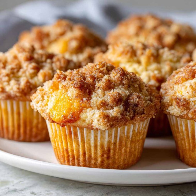 Soft peach cobbler muffins topped with a buttery crumb topping and filled with juicy peach pieces.
