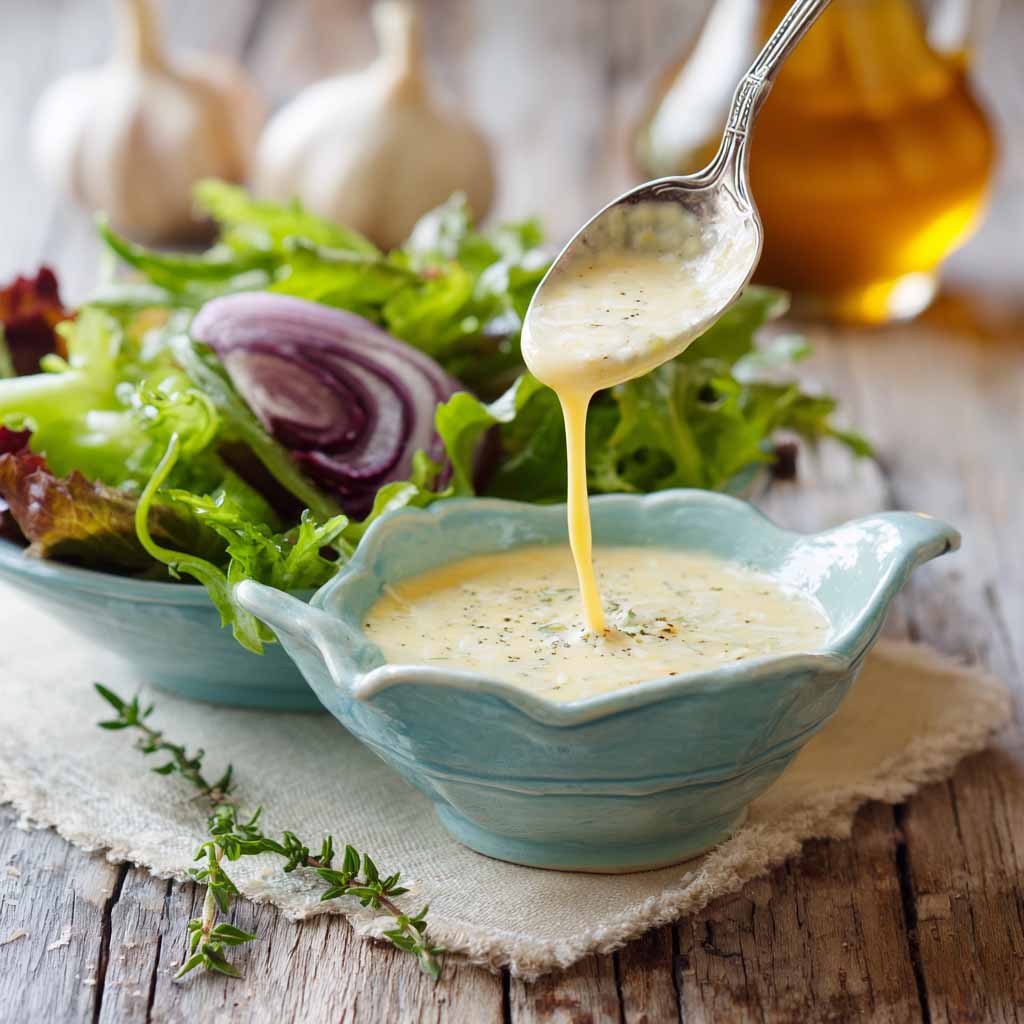 A glass jar of homemade parmesan vinaigrette with visible parmesan shreds, surrounded by fresh greens and lemon slices.