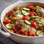 A baked Mediterranean chicken and zucchini casserole topped with melted cheese, fresh herbs, and served in a rustic dish.
