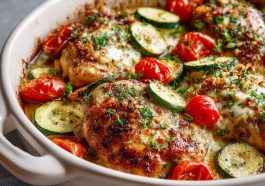 A baked Mediterranean chicken and zucchini casserole topped with melted cheese, fresh herbs, and served in a rustic dish.