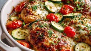 A baked Mediterranean chicken and zucchini casserole topped with melted cheese, fresh herbs, and served in a rustic dish.