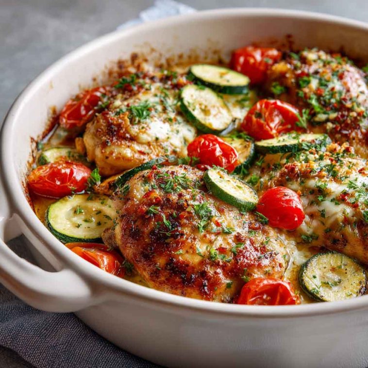 A baked Mediterranean chicken and zucchini casserole topped with melted cheese, fresh herbs, and served in a rustic dish.