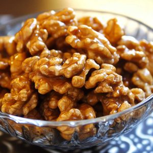 Crunchy caramel-coated walnuts glistening with a golden sugary glaze.