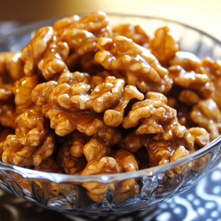 Crunchy caramel-coated walnuts glistening with a golden sugary glaze.
