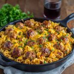 BBQ ranch meatball and cheddar pasta skillet topped with melted cheese