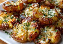 Crispy smashed potatoes topped with garlic, parmesan cheese, and herbs, roasted until golden and crunchy.