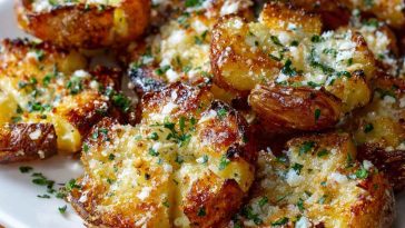 Crispy smashed potatoes topped with garlic, parmesan cheese, and herbs, roasted until golden and crunchy.