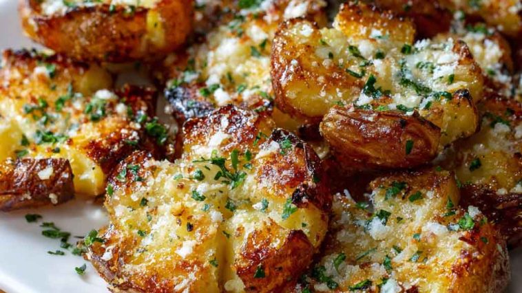 Crispy smashed potatoes topped with garlic, parmesan cheese, and herbs, roasted until golden and crunchy.