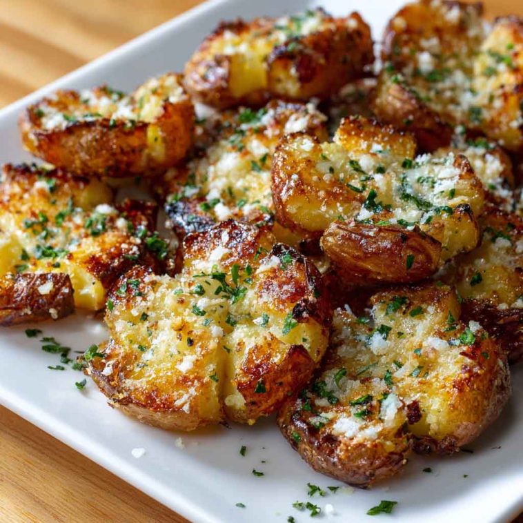 Crispy smashed potatoes topped with garlic, parmesan cheese, and herbs, roasted until golden and crunchy.