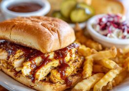 Chicken chopped sandwich with Alabama white BBQ sauce, served on a toasted bun with fresh toppings.