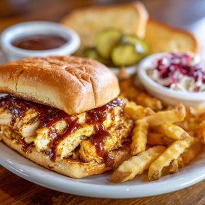 Chicken chopped sandwich with Alabama white BBQ sauce, served on a toasted bun with fresh toppings.