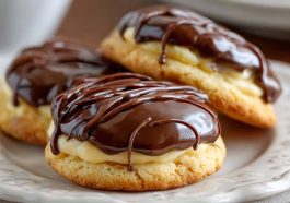 Soft vanilla cookies filled with creamy pastry cream and topped with glossy chocolate glaze.