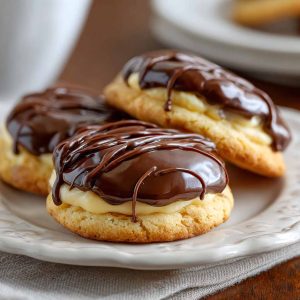 Soft vanilla cookies filled with creamy pastry cream and topped with glossy chocolate glaze.