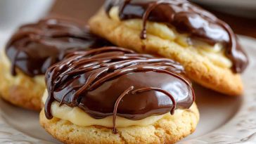 Soft vanilla cookies filled with creamy pastry cream and topped with glossy chocolate glaze.