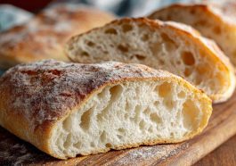 Freshly baked ciabatta bread loaf with airy texture