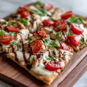 A golden flatbread topped with grilled chicken, melted mozzarella, fresh tomatoes, basil leaves, and a drizzle of balsamic glaze, served on a wooden board.