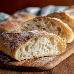 Freshly baked ciabatta bread loaf with airy texture