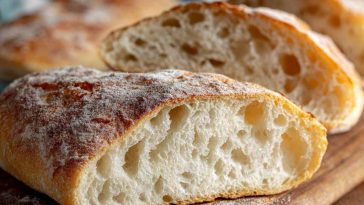 Freshly baked ciabatta bread loaf with airy texture