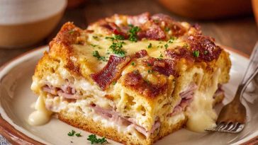 A golden-baked Monte Cristo breakfast casserole layered with ham, turkey, Swiss cheese, and custard, topped with powdered sugar and served with raspberry jam.