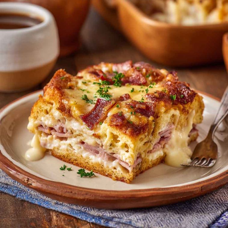 A golden-baked Monte Cristo breakfast casserole layered with ham, turkey, Swiss cheese, and custard, topped with powdered sugar and served with raspberry jam.