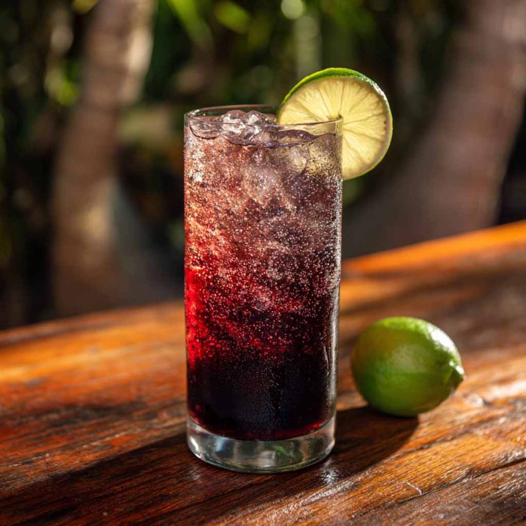 A tall glass of Midnight Malibu Dirty Soda layered with cola, coconut syrup, and lime, topped with ice cubes and a lime wedge garnish.