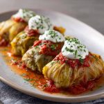 Tender cabbage rolls stuffed with a flavorful vegetarian filling of rice, vegetables, and herbs, baked in a rich tomato sauce.