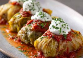 Tender cabbage rolls stuffed with a flavorful vegetarian filling of rice, vegetables, and herbs, baked in a rich tomato sauce.