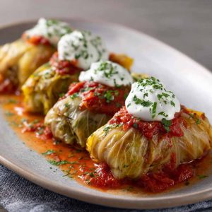 Tender cabbage rolls stuffed with a flavorful vegetarian filling of rice, vegetables, and herbs, baked in a rich tomato sauce.