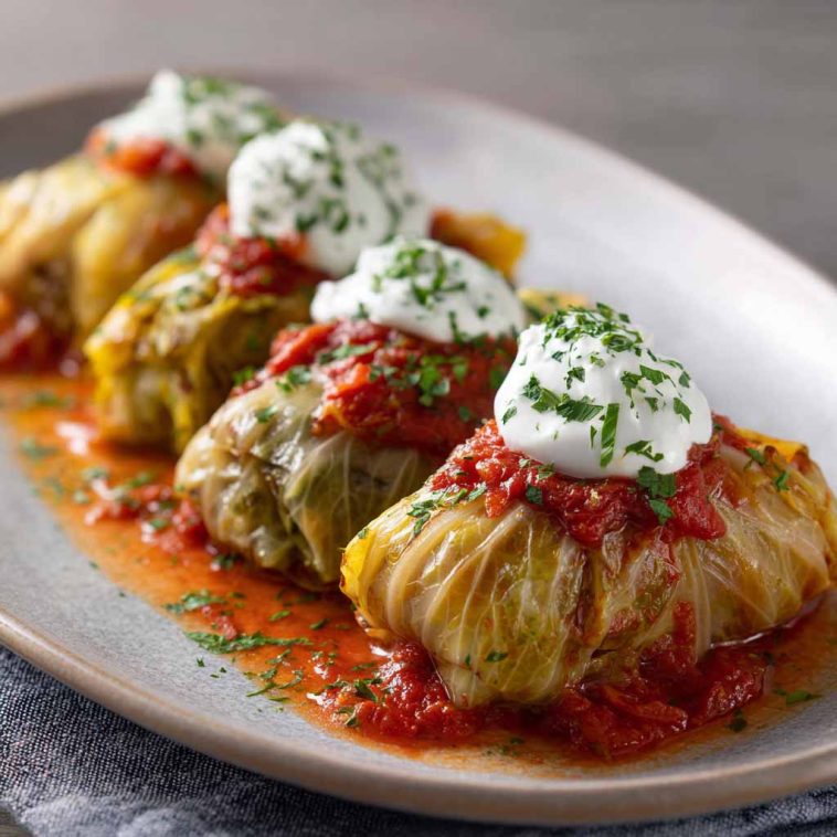 Tender cabbage rolls stuffed with a flavorful vegetarian filling of rice, vegetables, and herbs, baked in a rich tomato sauce.